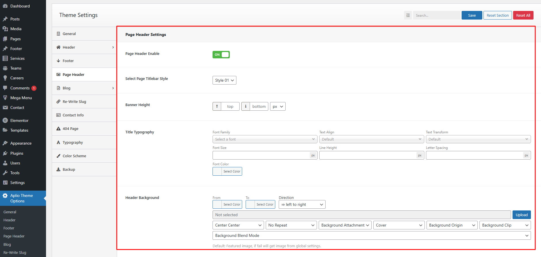 Page Header Settings!